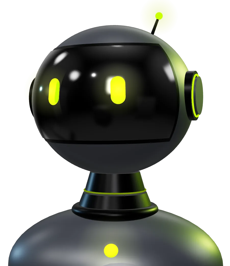 Robot de inteligencia artificial de Codepling, en 3D, mirando hacia el titular