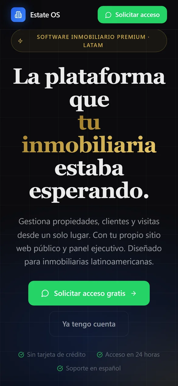 Estate OS en celular: panel de gestión inmobiliaria