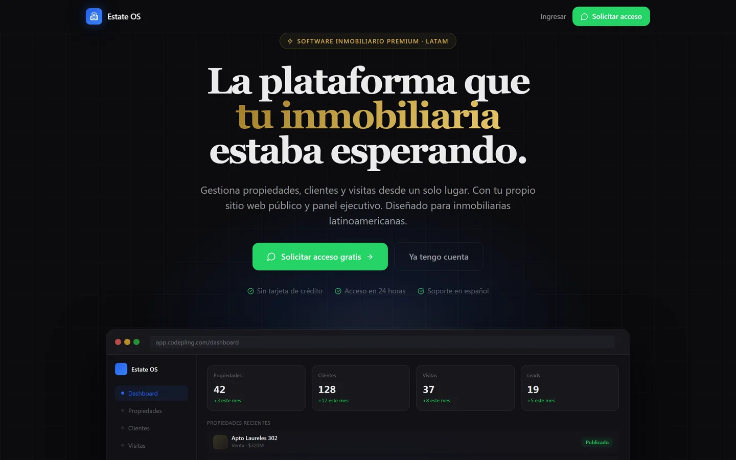 Estate OS, la plataforma de gestión inmobiliaria que construimos, en su panel de control