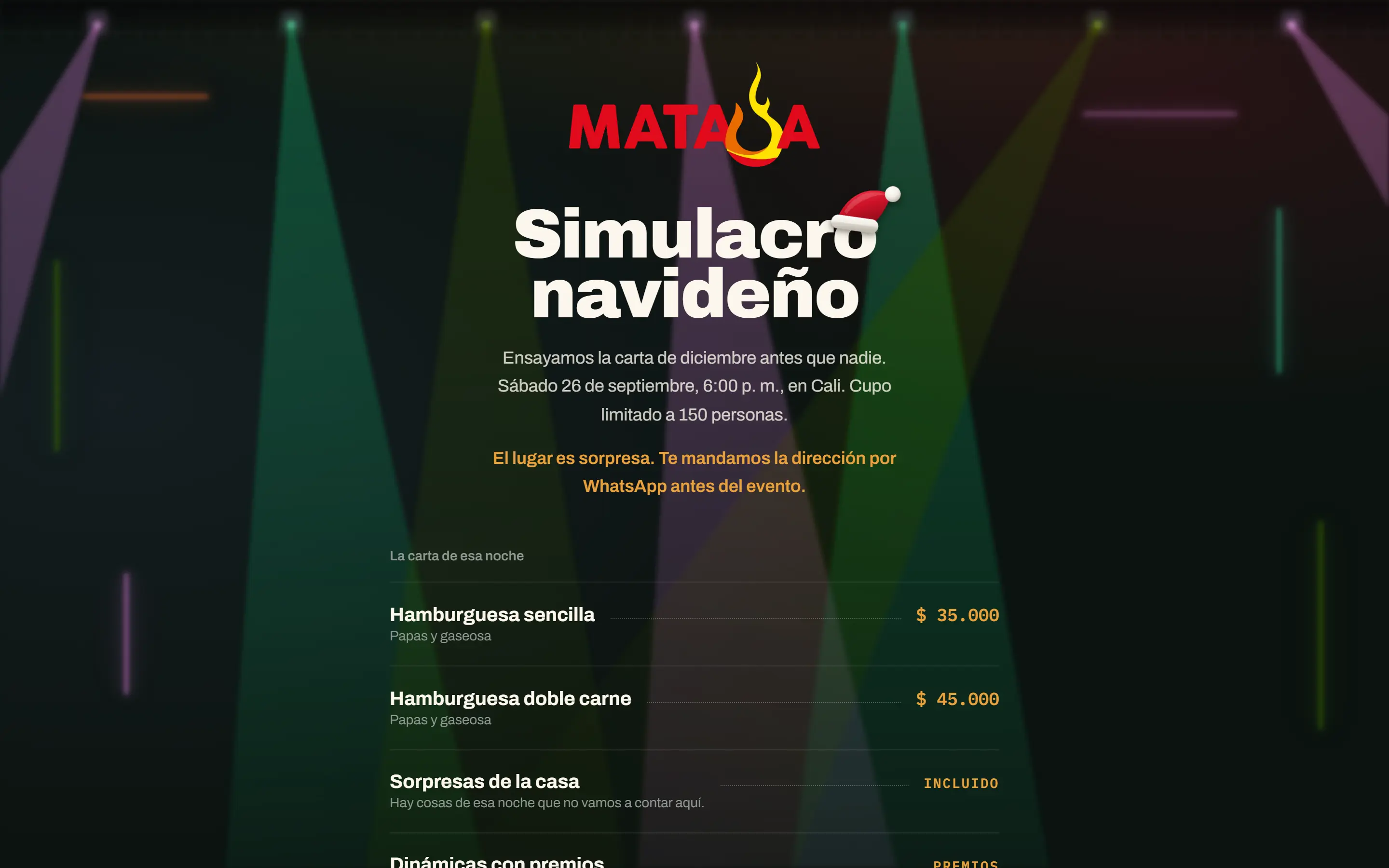 MATAÜA Party: página del evento Simulacro Navideño con la carta de la noche